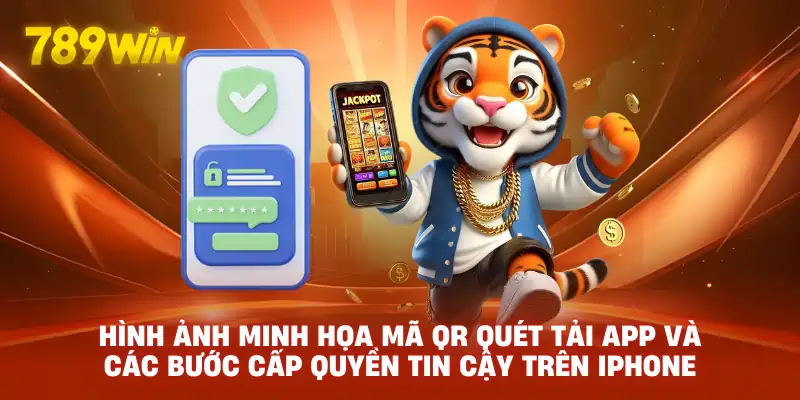 Hình ảnh minh họa mã QR quét tải app và các bước cấp quyền tin cậy trên iPhone.